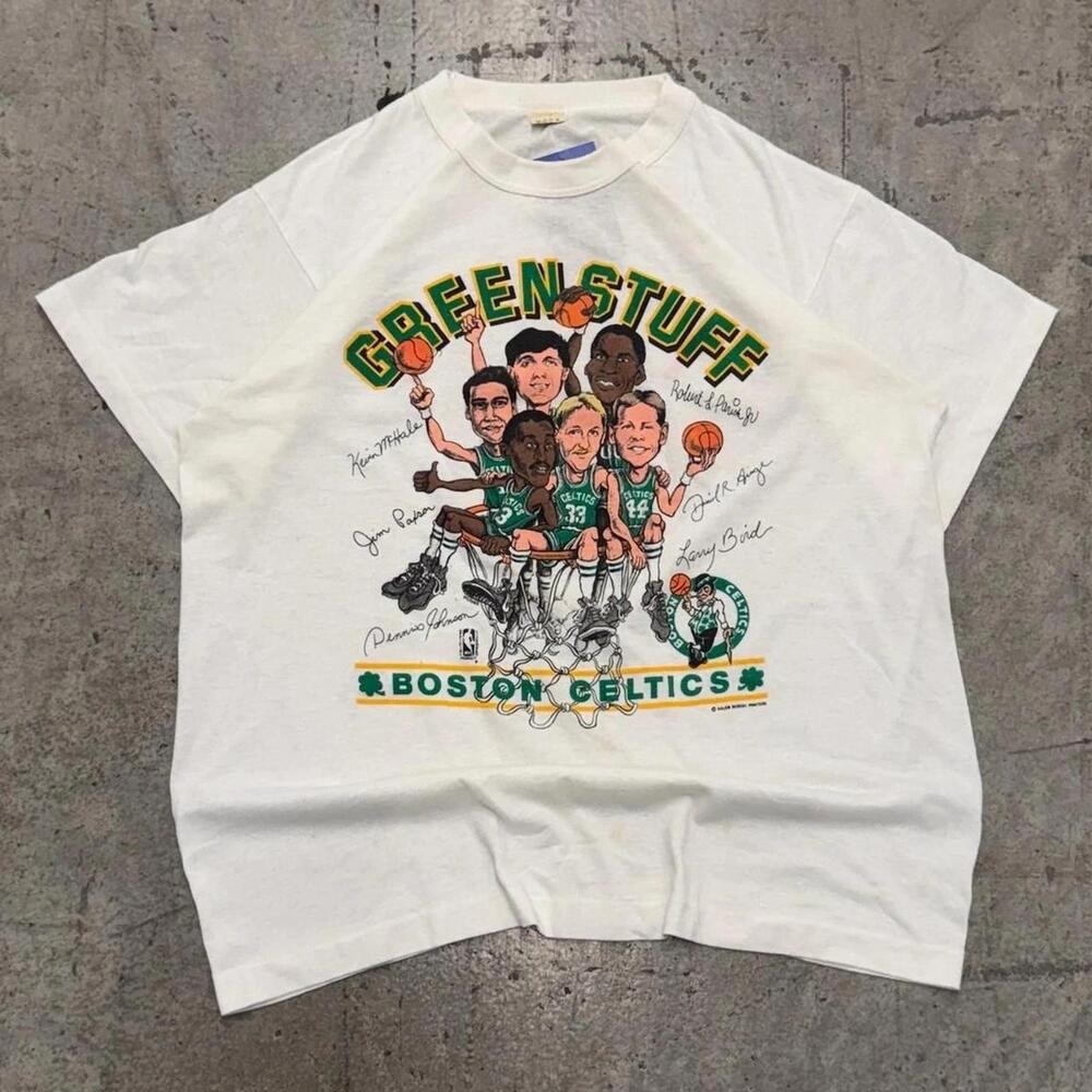 80S Boston Celtics Green Stuff Larry Bird Tshirt   White